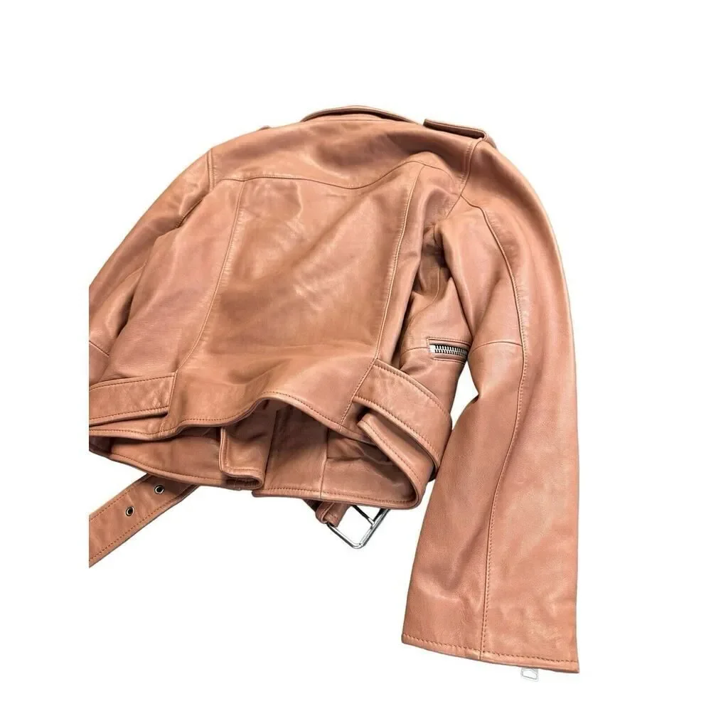All Saints Balfern Belted Hem Leather Biker Jacket in Rosewood, in size 4 US